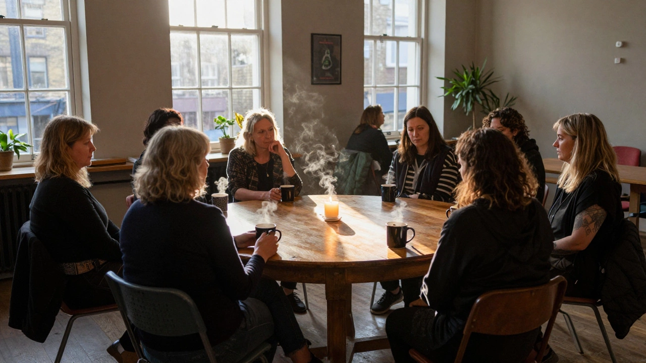 A circle of women sit silently in a community center, sharing quiet solidarity over mugs of coffee.