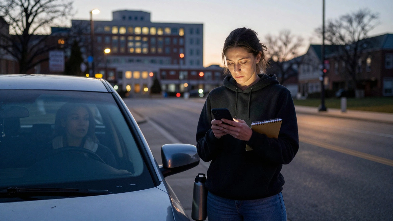 A woman stands outside a parked car at dawn in East London, tired but resolute, phone in hand.