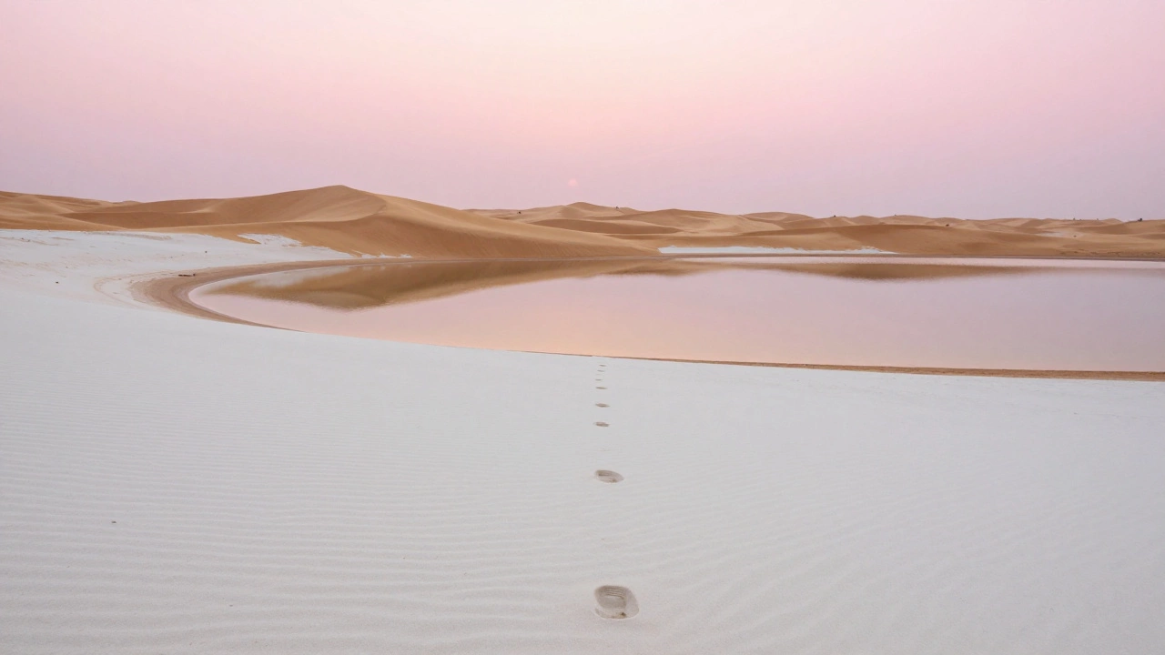 Desert meets sea at Black Palace Beach, with endless dunes and tranquil water under a soft pink sunset, untouched and serene.