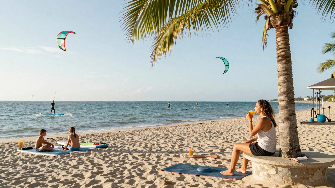Kite surfers glide over calm water at Kite Beach while others relax under palm trees, yoga mats, and fresh juice stands nearby.